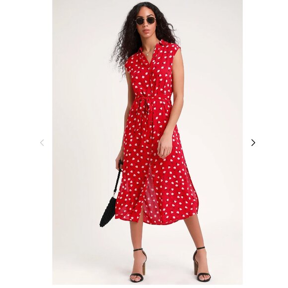 Billabong Little Flirt Red Floral Print Button Down Midi Dress Sz L Summer Beach - Picture 1 of 15